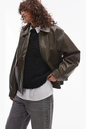 Topshop Faux leather oversized bomber jacket in khaki