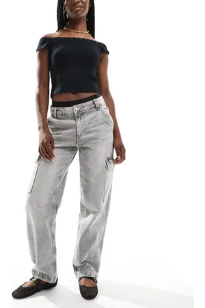 Bershka High waisted cargo jeans in washed