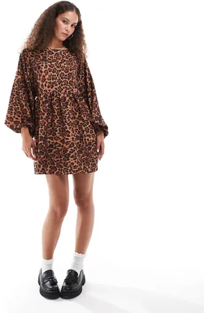 Daisy Street Mini smock dress in vintage style leopard
