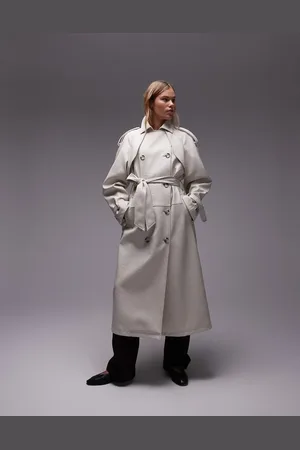 Topshop Textured faux leather trench coat in cream