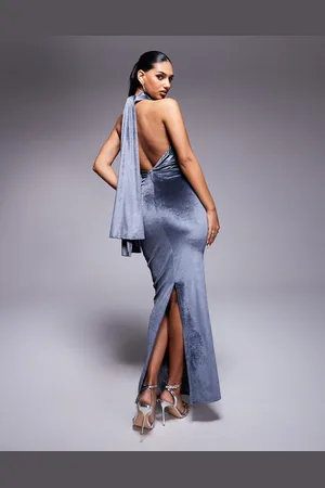 ASOS Velvet twist bust detail halter maxi dress with tie back neck in charcoal