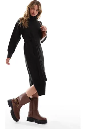 Threadbare Roll neck tie waist midi jumper dress in