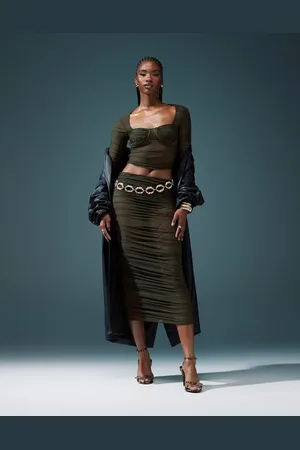 ASOS Co-ord ruched mesh midi skirt in khaki