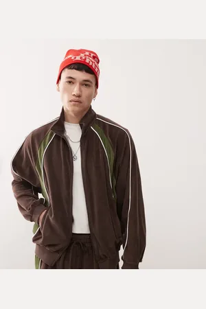 COLLUSION Velour contrast panel and seam track jacket co-ord in brown and
