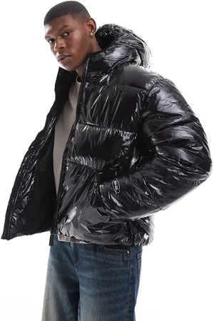 Bershka High shine puffer jacket with hood in