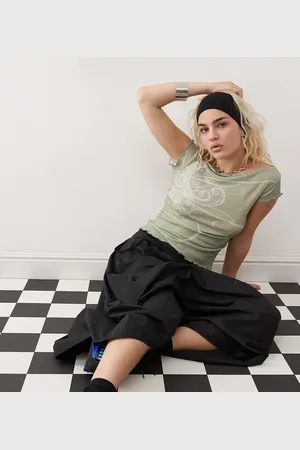 COLLUSION Boat neck semi sheer top with swirl print in green