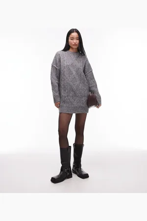 Topshop Knitted diamond cable oversized mini dress in grey