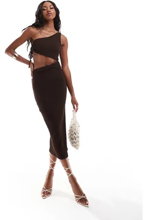 Bershka Textured one shoulder cut out detail maxi dress in chocolate