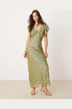 Never Fully Dressed Tilda metallic ruffle maxi dress in olive jacquard