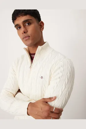 GANT Cotton cable knit half zip jumper with logo in cream