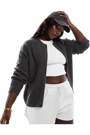 Yours Ribbed cardigan with zip in charcoal