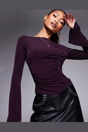 ASOS Slinky flared sleeve boat neck top in blackcurrant