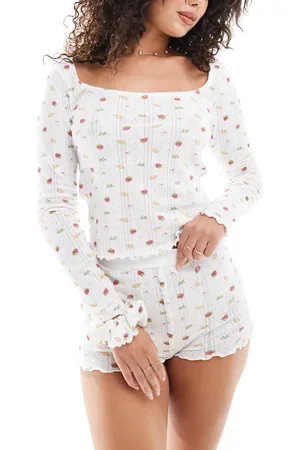 ASOS Pointelle long sleeve top & short pyjama set with scrunchie in breakfast ditsy print