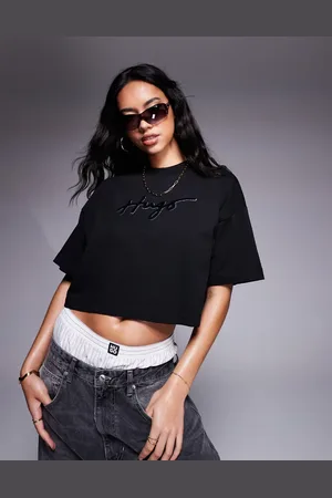 HUGO BOSS Cropped t-shirt in with logo print and diamante detailing