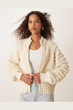 VILA Premium textured sleeve zip up cardigan in cream