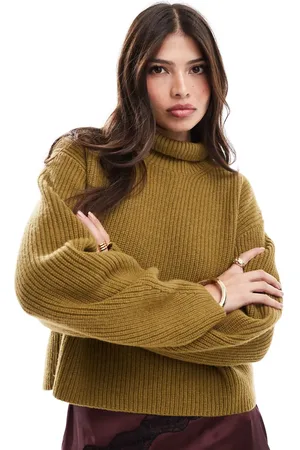 & OTHER STORIES Wool knitted rib funnel neck sweater with split back neck and volume sleeves in olive