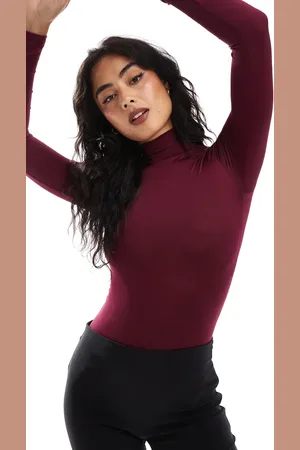 Bershka High neck long sleeve bodysuit in burgundy