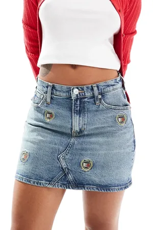 Tommy Hilfiger Izzie denim mini skirt in mid wash with crest logos