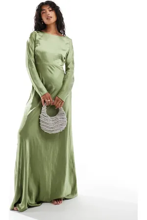 Six Stories Bridesmaids long sleeve cowl back satin maxi dress in moss