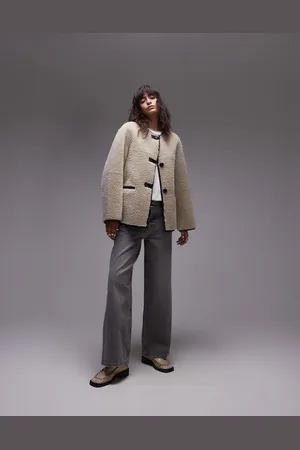 MANGO Contrast detail collarless shearling jacket in ecru