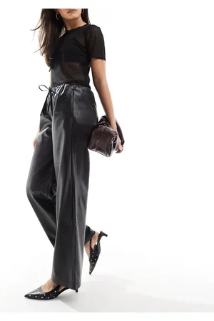 Bershka Faux leather tie waist wide leg trousers in