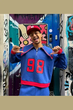 Labelrail X OliBrom dramatic collar quarter zip sweatshirt in blue and red co-ord