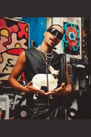 Labelrail X OliBrom zip up faux leather waistcoat with dog graphic in