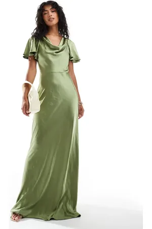 Six Stories Bridesmaids flutter sleeve satin maxi dress in moss