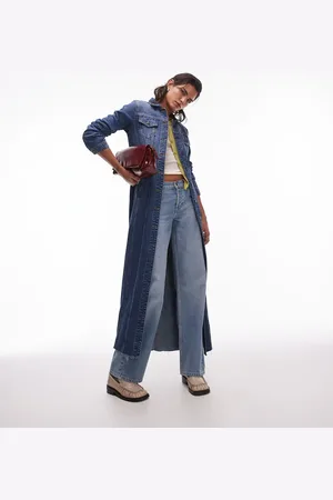 Topshop Denim long sleeve maxi dress with cinch adjuster in mid
