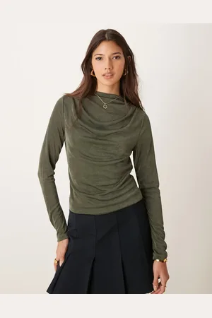 VILA Slinky ruched neck detail long sleeve top in