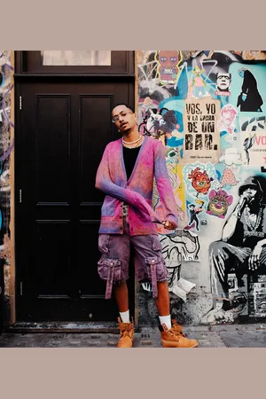 Labelrail X OliBrom v neck zig zag longline cardigan in pink and purple
