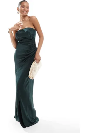 Six Stories Bridesmaids ruched satin bandeau maxi dress in emerald