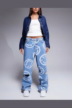 Hugo Blue Getara wide leg denim jeans in midwash with all over logo print