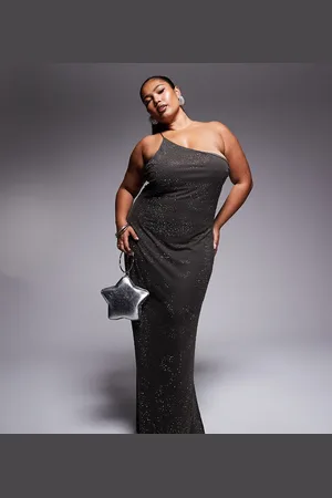 ASOS ASOS DESIGN Curve artwork hotfix one shoulder maxi dress with open back in charcoal
