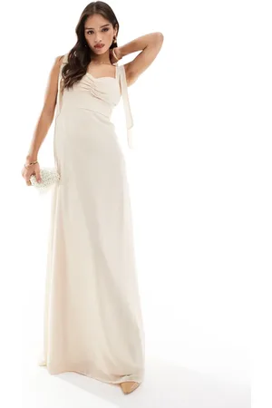 Six Stories Bridesmaid bow shoulder chiffon maxi dress in champagne