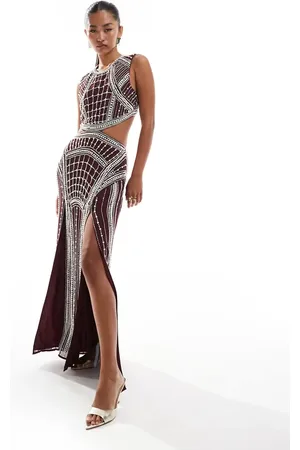 ASOS Pearl embellished maxi dress with double front splits in oxblood