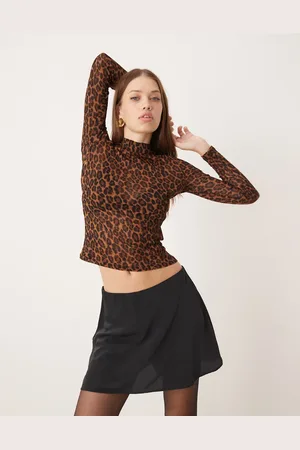 New Look Mesh stand neck long sleeve top in leopard print