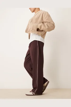ASOS Pull on smart wide leg trousers with side piping in burgundy