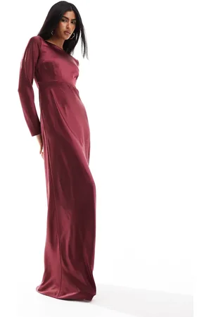 Six Stories Bridesmaids long sleeve cowl back satin maxi dress in burgundy