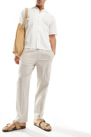 Abercrombie & Fitch Pull on linen blend pleated loose fit trousers in beige