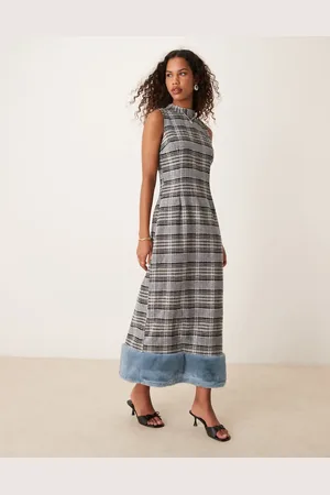 Ghospell Faux fur sequin check midaxi dress in