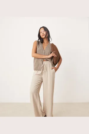 VILA Linen touch tie waist wide leg trousers in stone