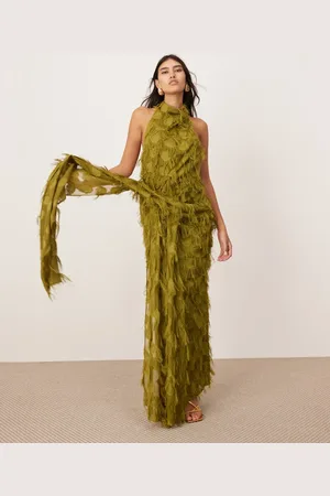 ASOS Textured cowl halterneck maxi dress with ruched detail in olive