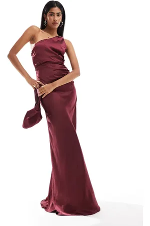 Six Stories Bridesmaids one shoulder satin maxi dress in burgundy