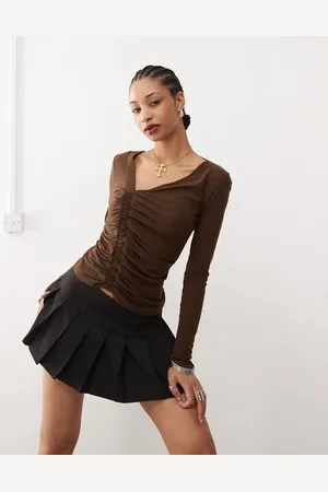 COLLUSION Semi sheer asymmetric neck tights top in chocolate