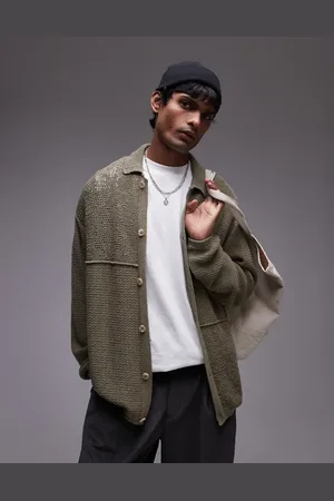 Topman Mixed pattern crochet long sleeve polo with revere collar in khaki