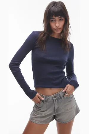 Topshop Picot trim pointelle long sleeve top in navy