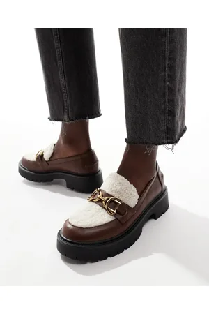 London Rebel Roxy chunky loafers with teddy fur in cream and