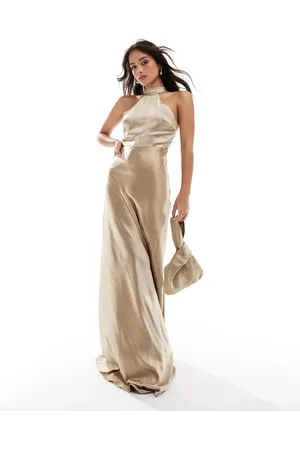 Six Stories Bridesmaid satin halter maxi dress in champagne