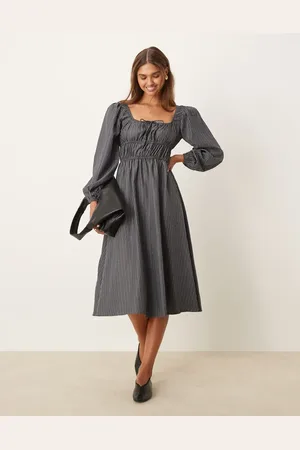 Glamorous Tie front volume sleeve shirred maxi dress in grey and black stripe